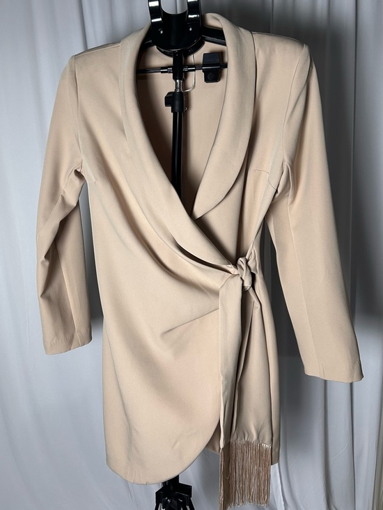 AEMI+CO Jackets & Blazers - Neutral Beige Wrap Blazer with Fringe Tie